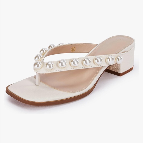 Womens Size 10 Chunky Heel Pearl Sandals Square Toe | Bride to Be, Bachelorette - Picture 2 of 4